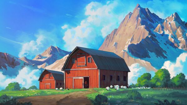 landscape,nature,digital art,barn,Roberto Gatto