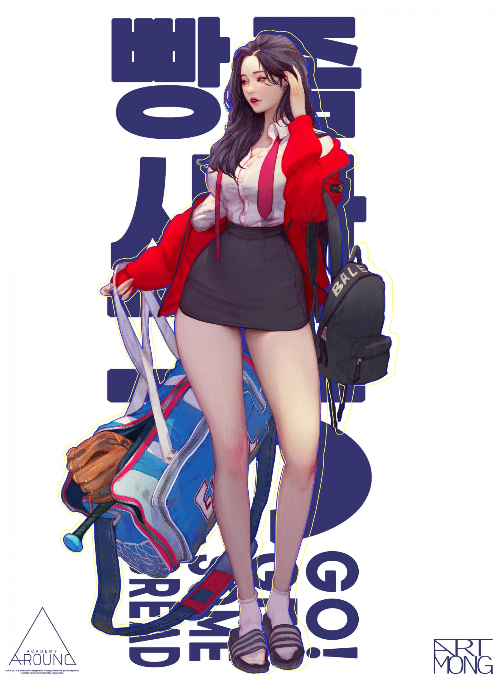 anime, ženy, anime dívky, stojící, jednoduché pozadí, bílé pozadí, tmavé vlasy, nohy, křivky, odvrátila, Mini sukně, kravata, ArtStation