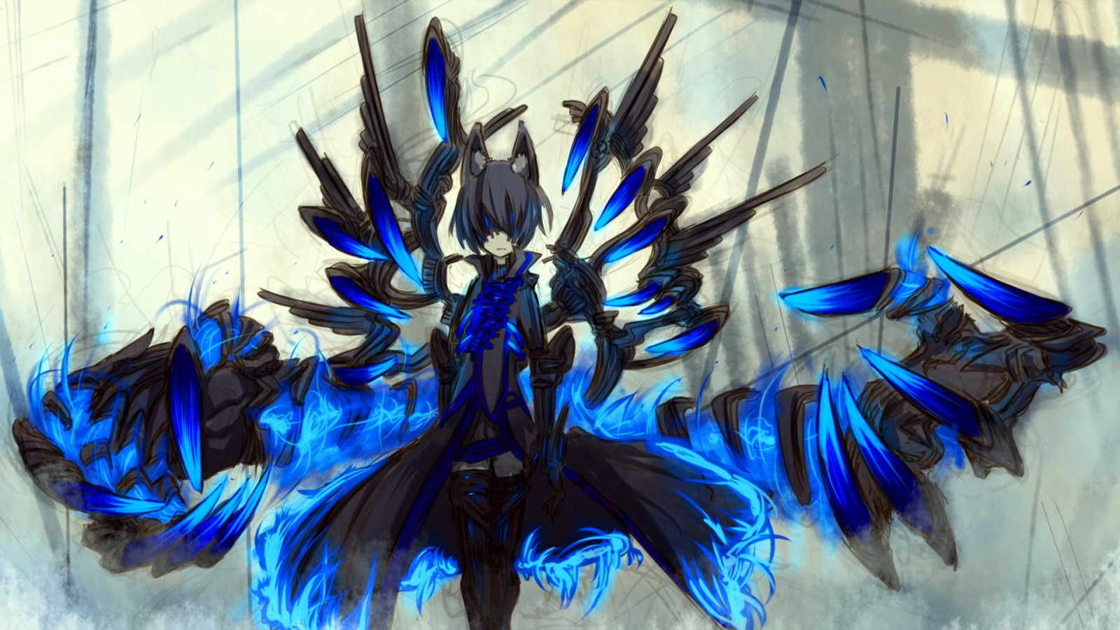 Anime, morena, Asas, azul, Zettai ryouiki, orelhas, ARTE, cor, flor, menina, traje, asa