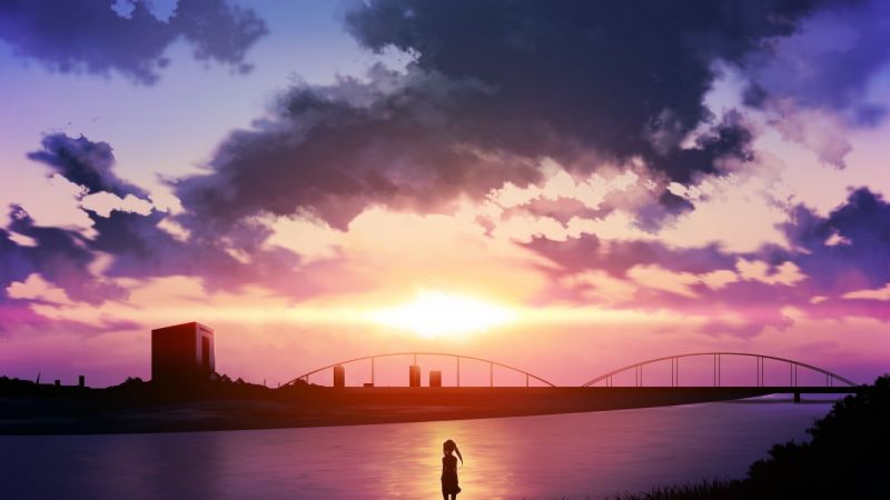 slunečnímu záření, západ slunce, anime, krajina, moře, město slunečnímu záření, západ slunce, anime, krajina, moře, město