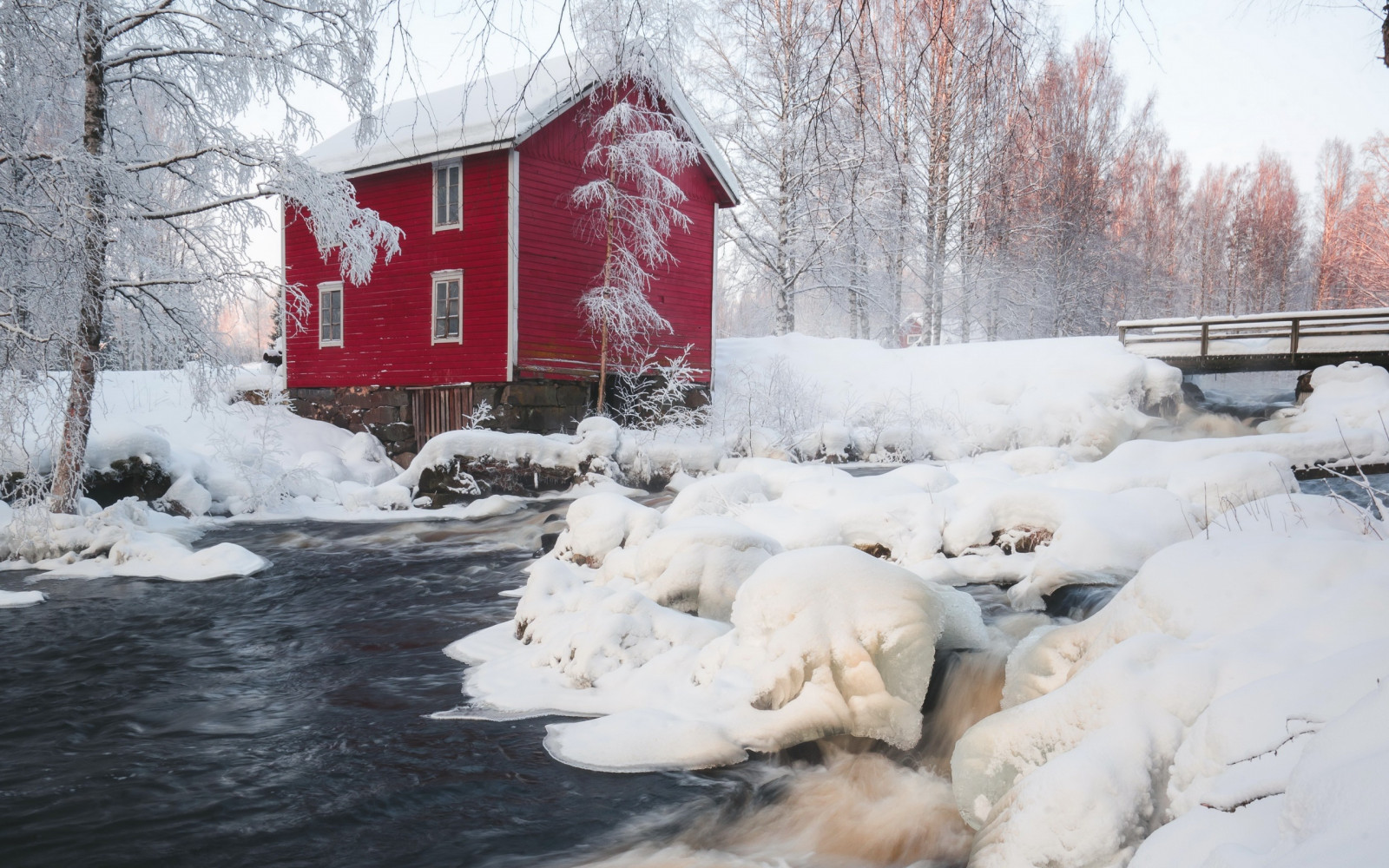 house, ice, winter, nature, landscape, red, white, water