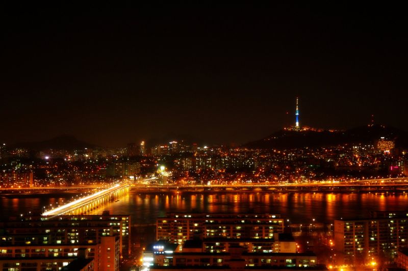 hovedstadsområde, bybilledet, nat, by, afspejling, milepæl