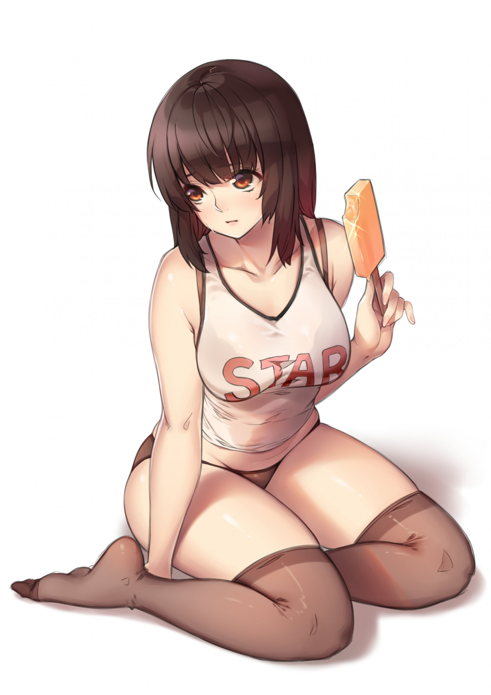 Původní znaky, výstřih, kalhotky, nanuk, punčochy, bílé pozadí