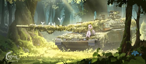 anime,anime girls,artwork,Leopard 2,tank,white hair
