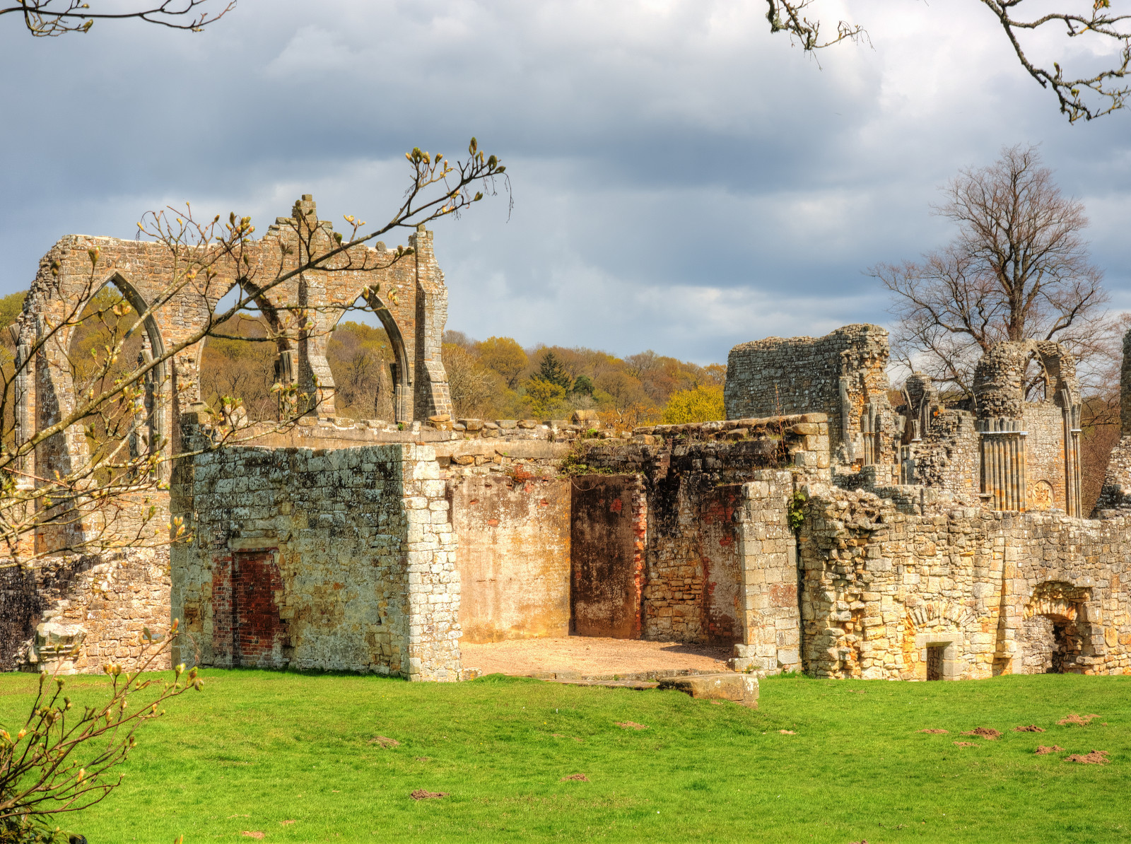 Stone Priory Wallpaper : trees, building, ruin, grass, sky, stones, clouds, green ...