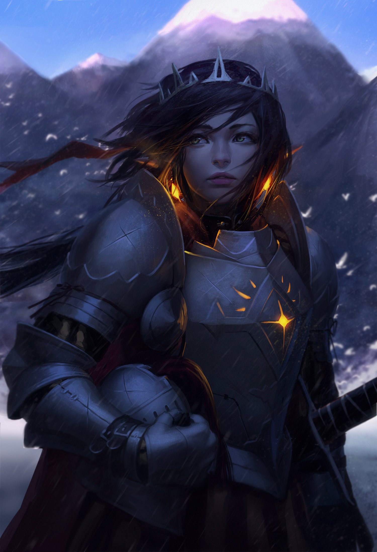 nebe, hora, kreslená pohádka, flash photography, cg artwork, černé vlasy, UMĚNÍ, petrolejově modrá, pohoří, fiktivní postava, rukavice, sníh, tma, zima, brnění, krajina