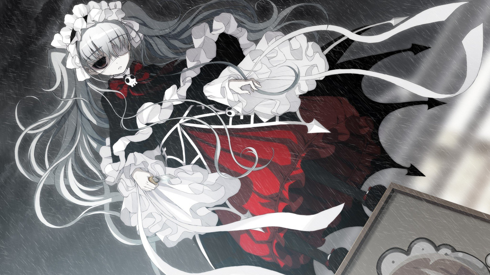 2048x1152 px, Axanael, วงดนตรี, ใบพัด, แต่งตัว, ผ้าปิดตา, ดวงตา, แฟชั่น, เกม, ผม, โลลิต้า, ยาว, Noko, นวนิยาย, ฝน, สีแดง, ซานต้า, skyscapes, Tsuji, twintails, วิดีโอ, ภาพ, อาวุธ, สีขาว