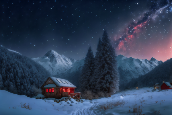 ai art,trees,starred sky,mountains,galaxy,snow