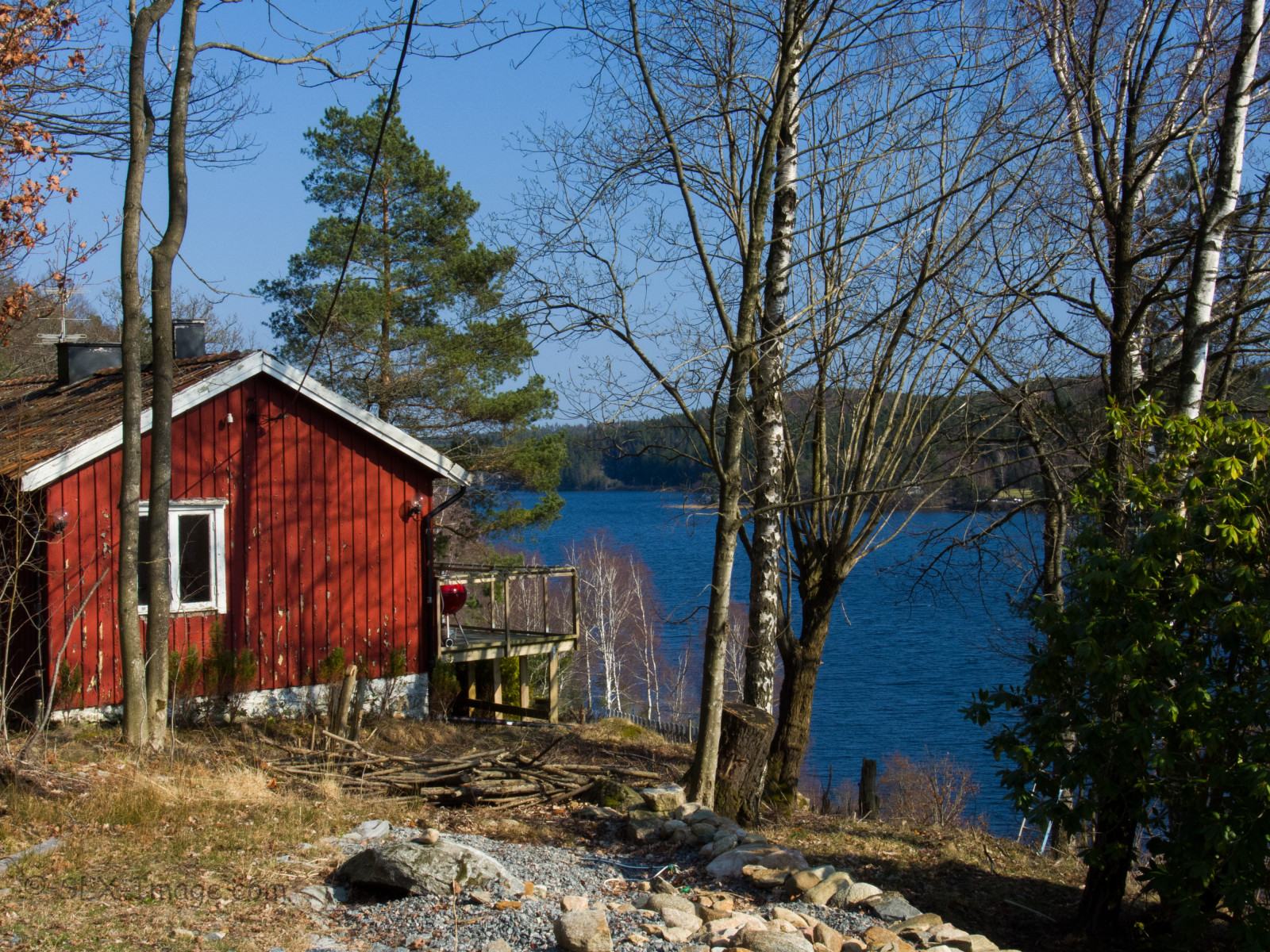 jezero, chata, Pohled, Švédsko, nádherný svět