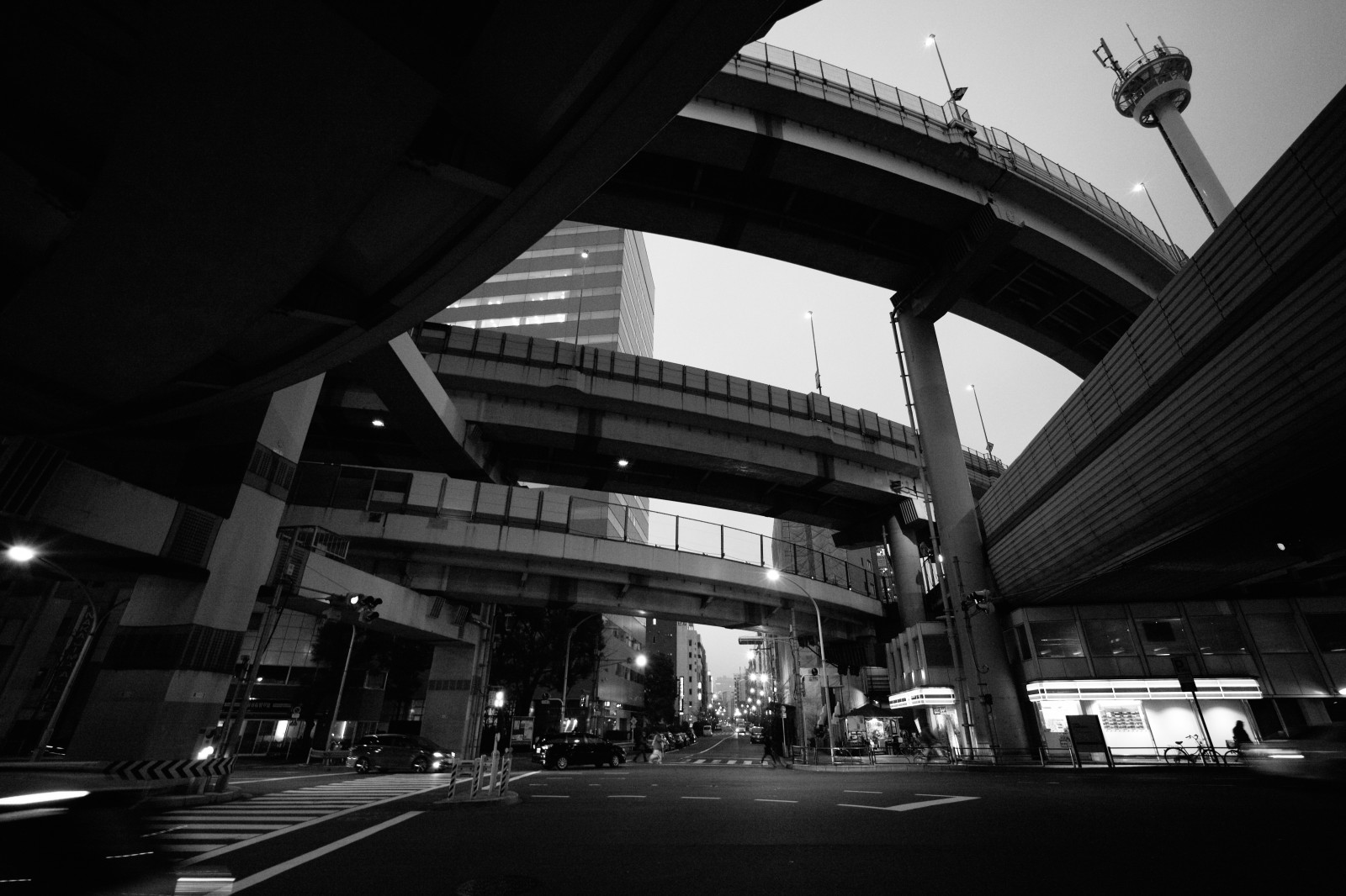 Černá, černobílý, ulice, panoráma města, noc, architektura, silnice, fotografování, minout, Leica, Tokio, infrastruktura, M, tělesné, tvar, tma, Hakozaki, Jct, leicam, typ240, SWH, swh15mm, superwideheliar, voigtla nder, superwideheliar15mm, hakozakijunction, urban area, Černý a bílý, monochromatické fotografování