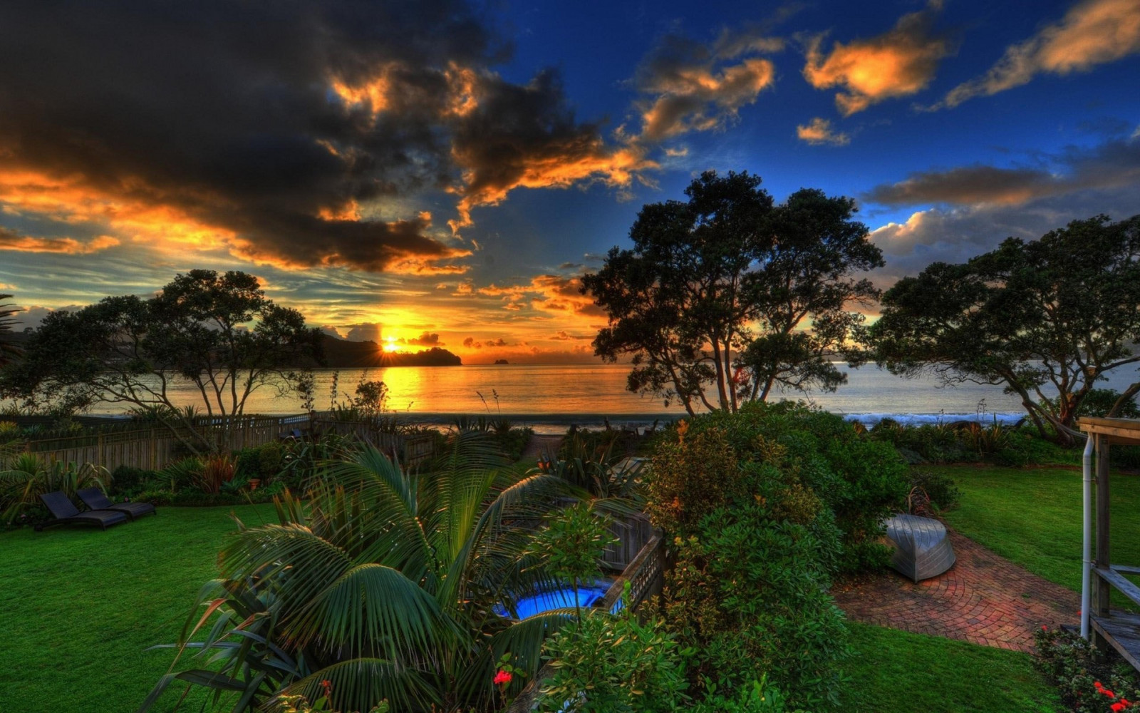 Wallpaper trees, landscape, sunset, sea, garden, bay, nature, clouds, evening, coast, Sun