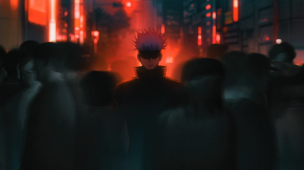 Jujutsu Kaisen,Satoru Gojo,white hair,blindfold,uniform,crowds