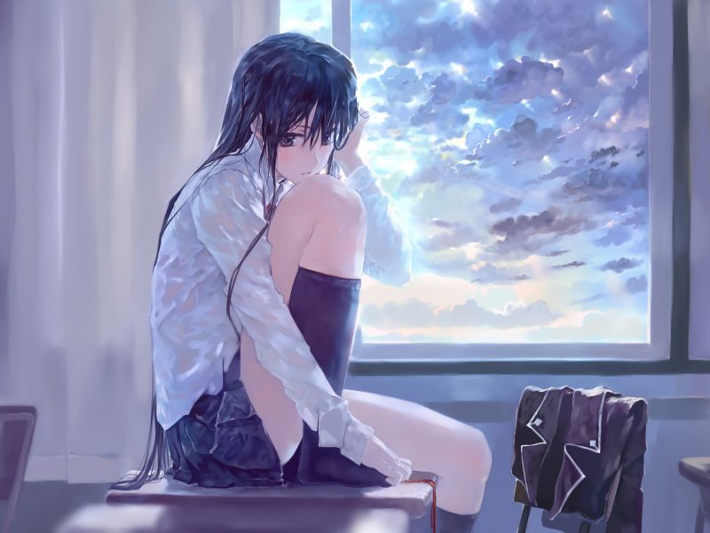 anime, anime tytöt, sisällä, ikkuna, jalat, tummat hiukset anime, anime tytöt, sisällä, ikkuna, jalat, tummat hiukset