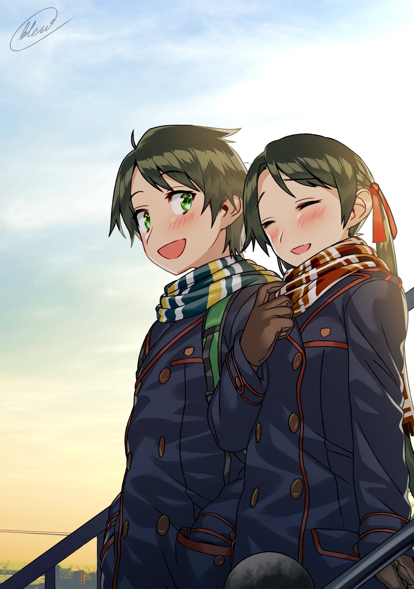 anime, anime dievčatá, Kantai Collection, Mikuma KanColle, Mogami Kancolle, twintails, krátke vlasy, zelené vlasy, umelecké diela, digital art, fan art