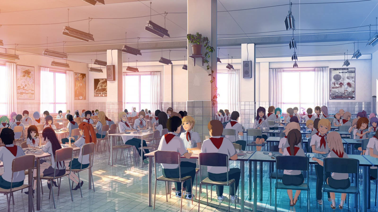 애니메이션, 카페테리아, 여학생, 타일, 학생, 영원한 여름, 식사