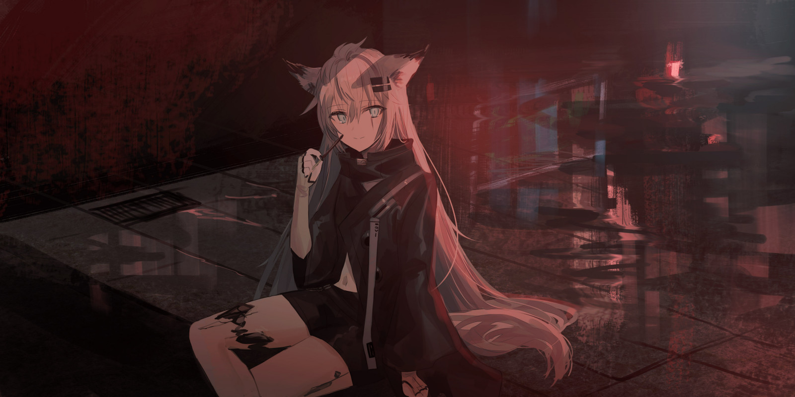 flash photography, móda, kreslená pohádka, UMĚNÍ, cg artwork, černé vlasy, purpurová, dlouhé vlasy, prostor, tma, visual arts, karmín, grafika, ilustrace, výkres, pokoj, místnost, fiktivní postava, maso, animace, beletrie, sedící, zrzavé vlasy, grafický design, malování, hime cut, černobílý, půlnoc, noc