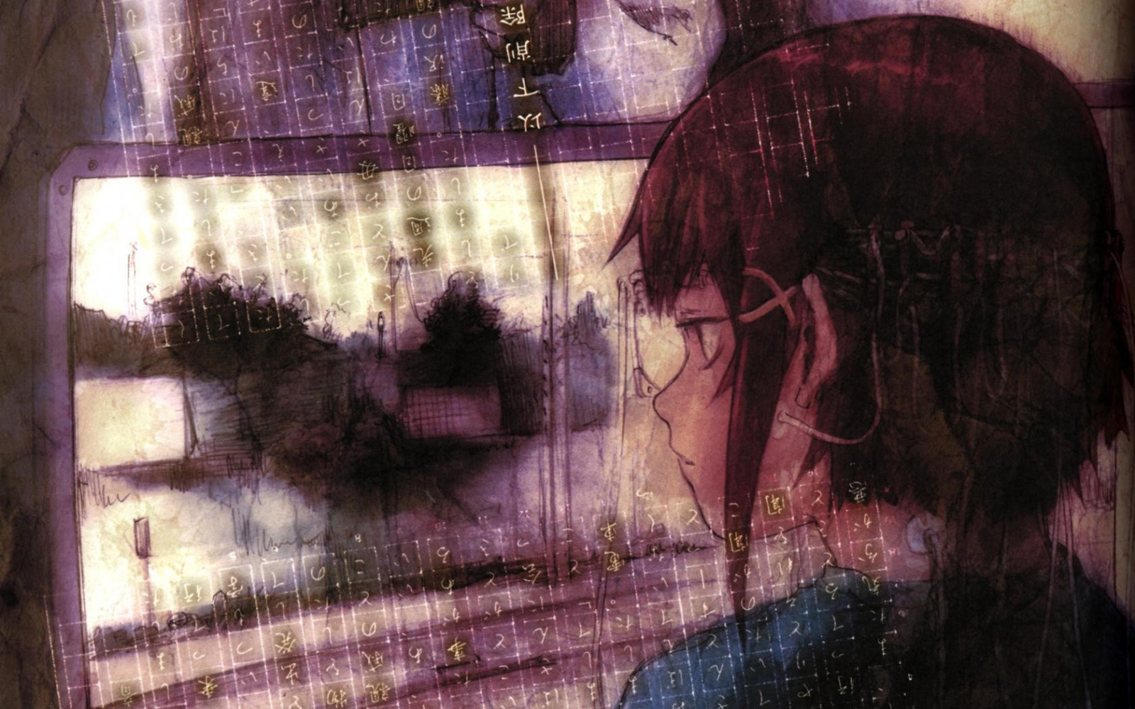 anime, anime dívky, Serial Experiments Lain, Lain Iwakura, UMĚNÍ, barva, tvar, tma, obraz, Snímek obrazovky, kryt alba