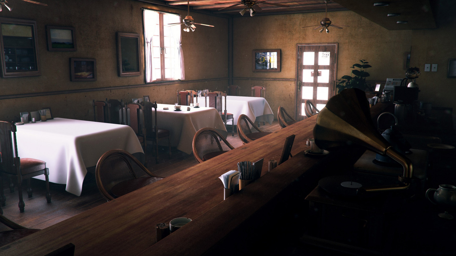 stůl, bar, restaurace, Vzhled interiéru, gramofon, UMĚNÍ, stoly, židle, kavárna, Snímek obrazovky