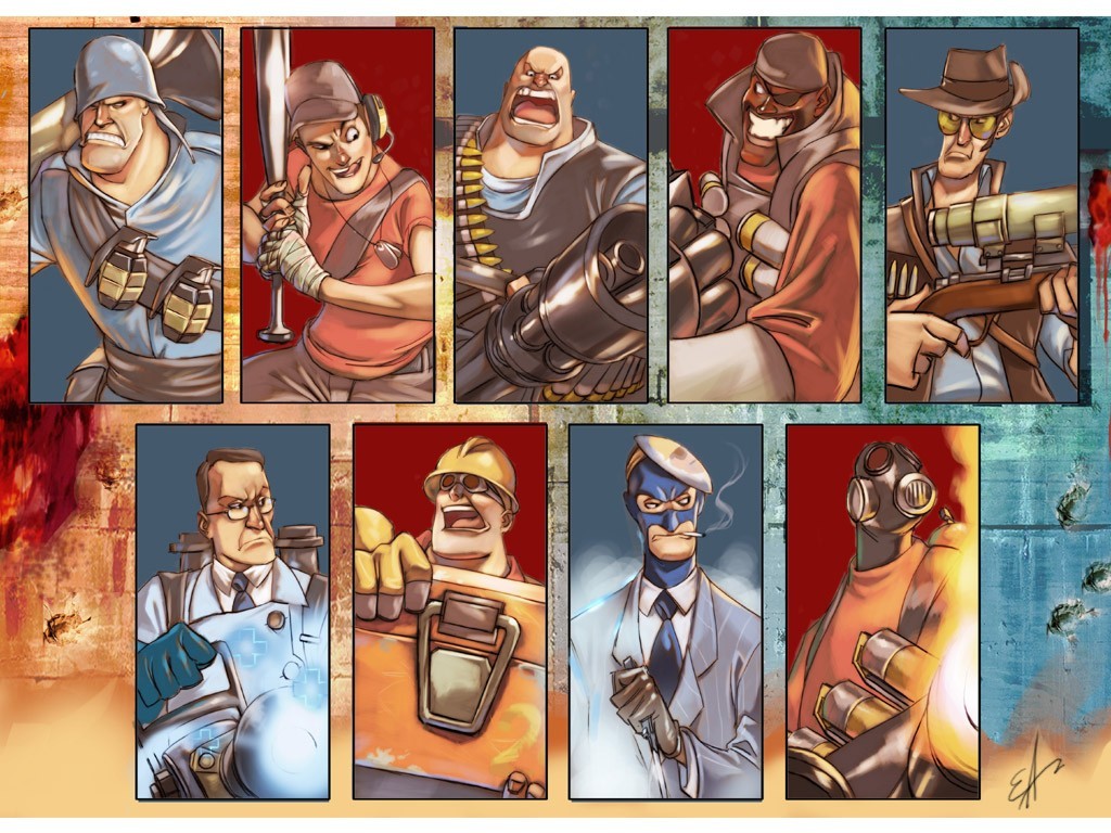 Fondos De Pantalla Ilustracion Videojuegos Soldado Dibujos Animados Fuego Historietas Team Fortress 2 Medico Sniper Tf2 Personaje Scout Pesado Personaje De Ingeniero Personaje Piro Espias Demo Man Libro Comico Ficcion 1024x768