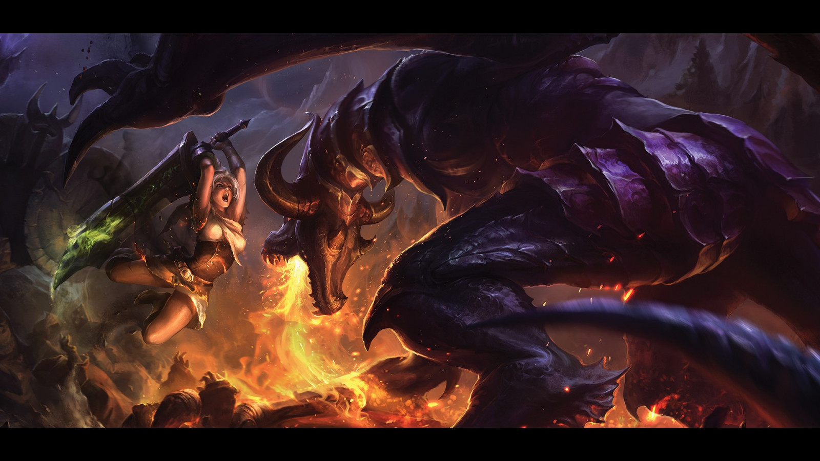 League of Legends, drak, démon, rozpolcené, Shyvana, tma, Snímek obrazovky, počítač tapeta, fiktivní postava, geologický fenomén