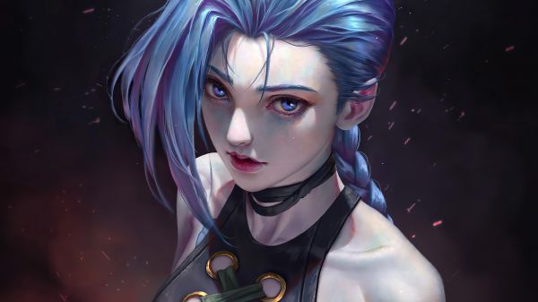blue eyes,Jinx League of Legends,looking at viewer,blue hair