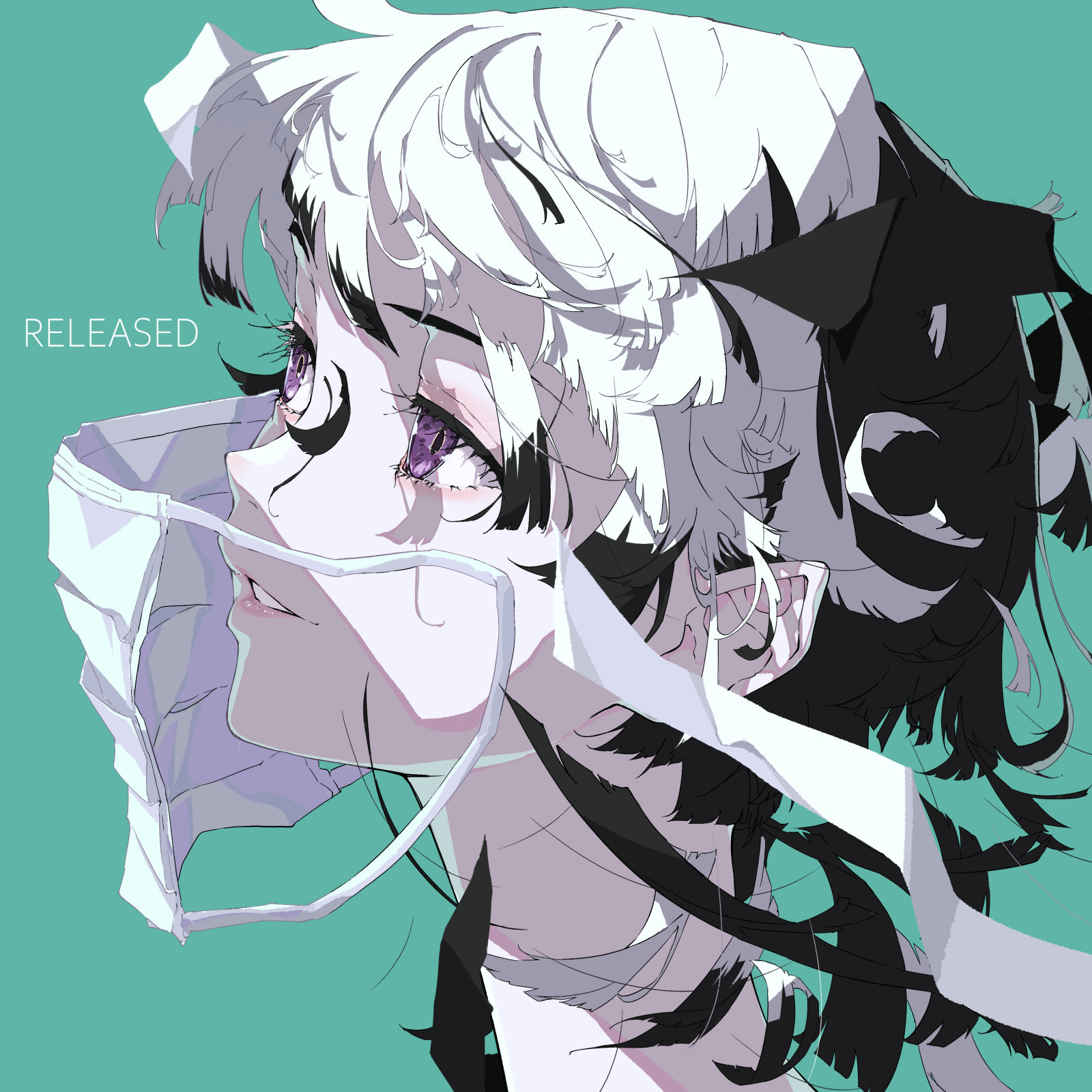 Nico Tina, minimalismus, anime dívky, two tone hair, fialové oči, maska