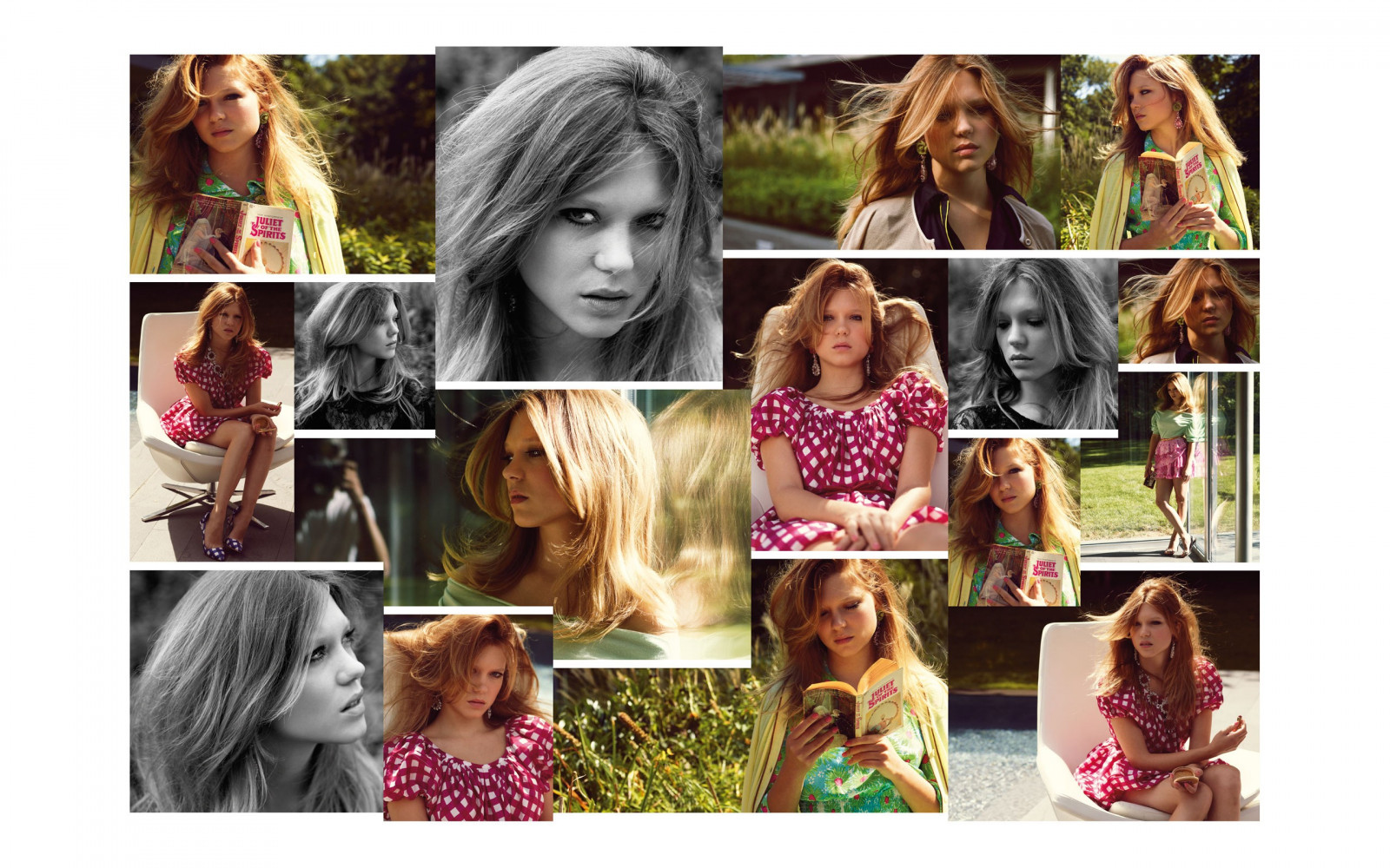 ženy venku, ženy, koláž, osobnost, herečka, vzor, vlasy, kaštanové vlasy, L a Seydoux, UMĚNÍ, barva, design, obraz, účes, představení, fotomontáž