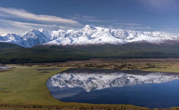 mountains,snowy peak,snow,water,reflection,clouds