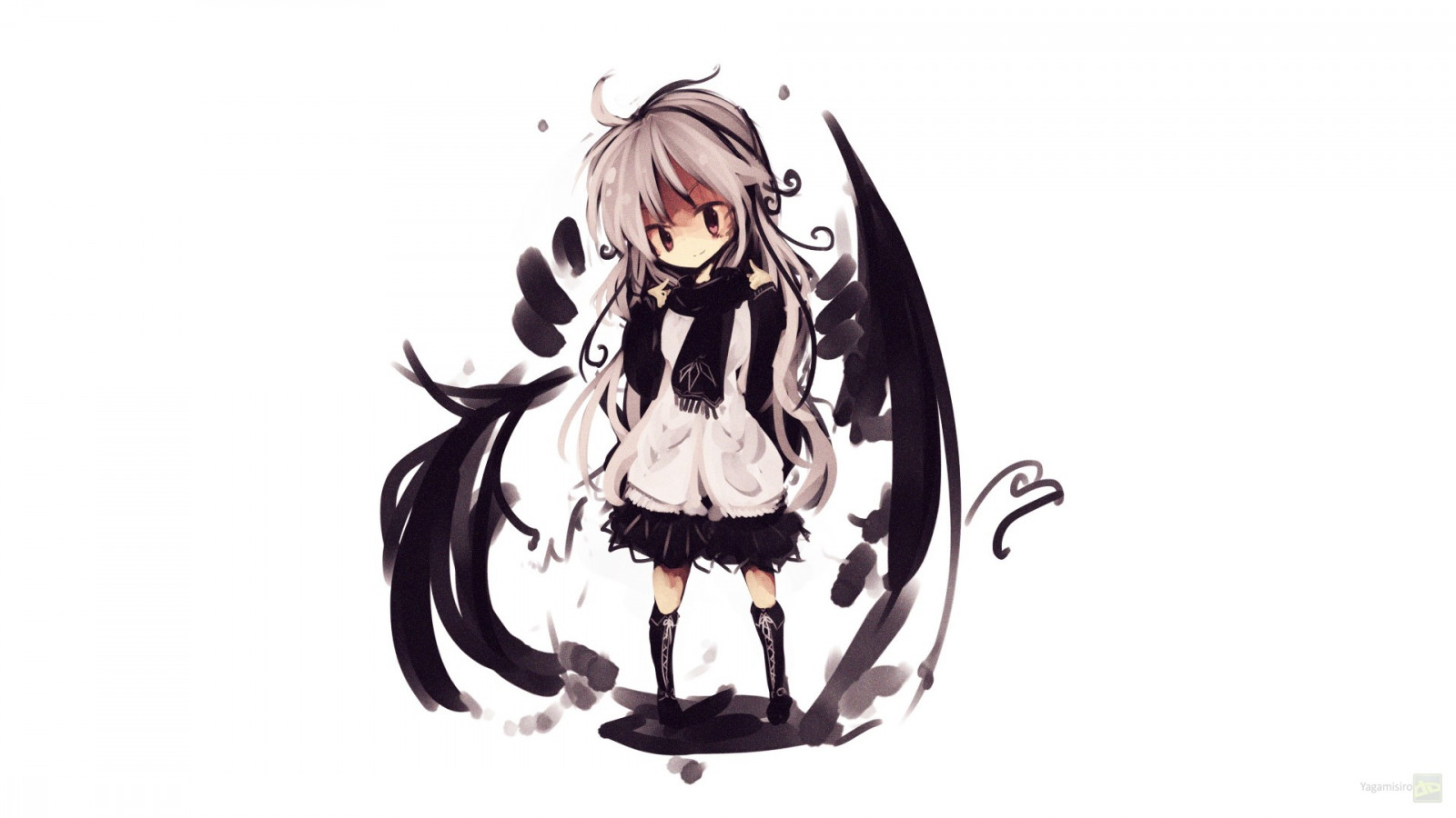 ritning, illustration, vitt hår, anime, vingar, chibi, vit bakgrund, tecknad serie, original tecken, skiss