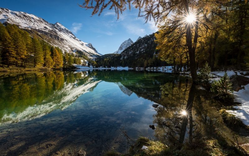 landskab, Skov, efterår, bjerge, sø, vand