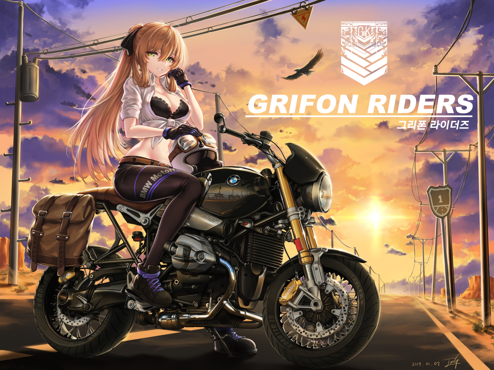 Pixiv, anime, anime dívky, dívky Frontline, motocykl, BMW, západ slunce