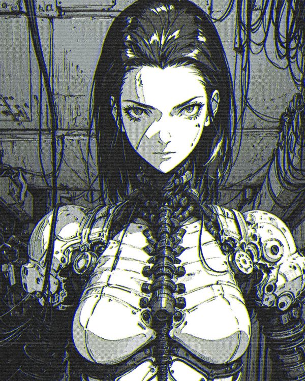 digital art,xenotrip,looking at viewer,cyborg,cyberpunk,monochrome