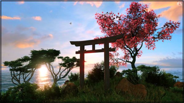 sakura tree,island,torii