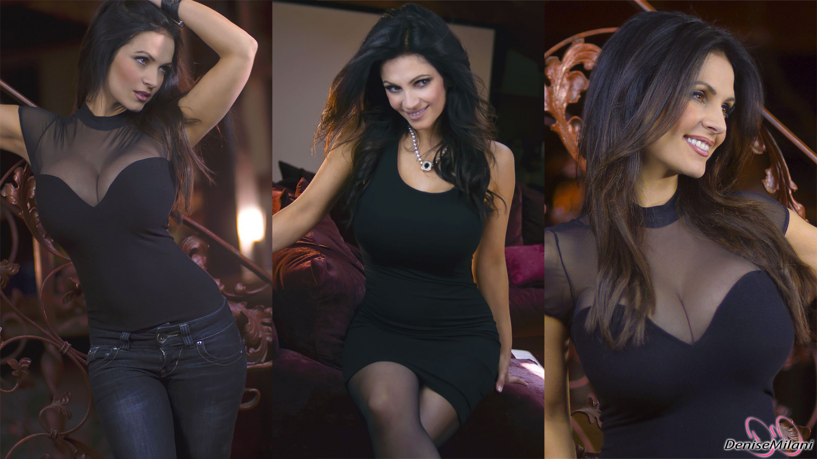 ženy, koláž, velká prsa, Denise Milani, bruneta, černé šaty
