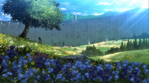 Shingeki no Kyojin, Mikasa Ackerman, Eren Jeager, flowers, trees, windmill