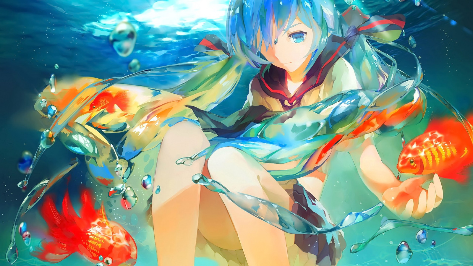 ilustrace, zvěř, odvrátila, dlouhé vlasy, anime, anime dívky, modré vlasy, modré oči, Ryba, školní uniforma, Vocaloid, Hatsune Miku, láhev Miku