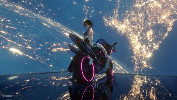 WLOP,women,drawing,stars,horizon,motorcycle