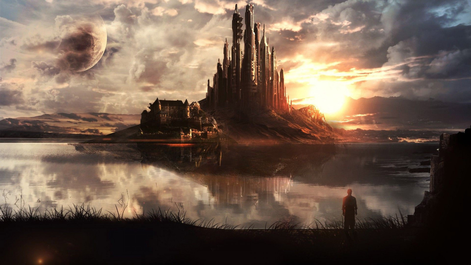 západ slunce, architektura, odraz, nebe, futuristický, vozidlo, svítání, Měsíc, večer, ráno, hrad, moderní, sama, soumrak, mrak, svítání, tma, Snímek obrazovky, atmosférický jev, počítač tapeta