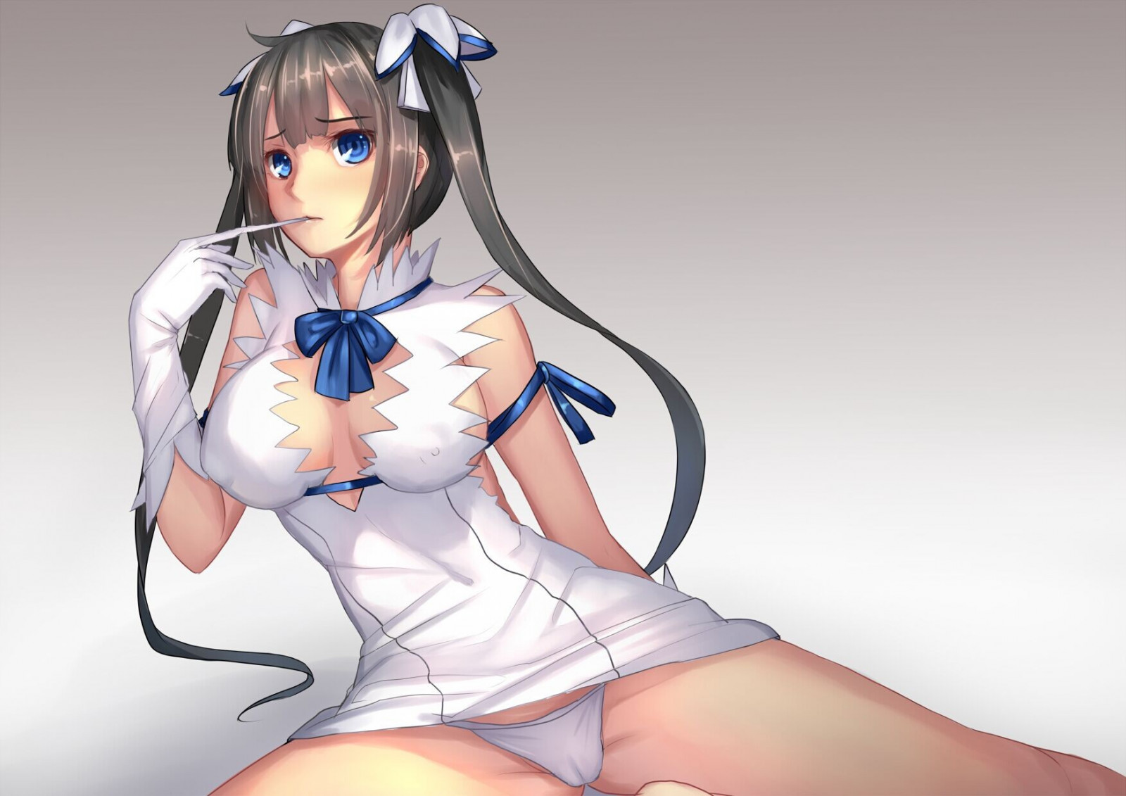 anime, anime dívky, rukavice, kreslená pohádka, černé vlasy, výstřih, twintails, kalhotky, Hestia, mangaka