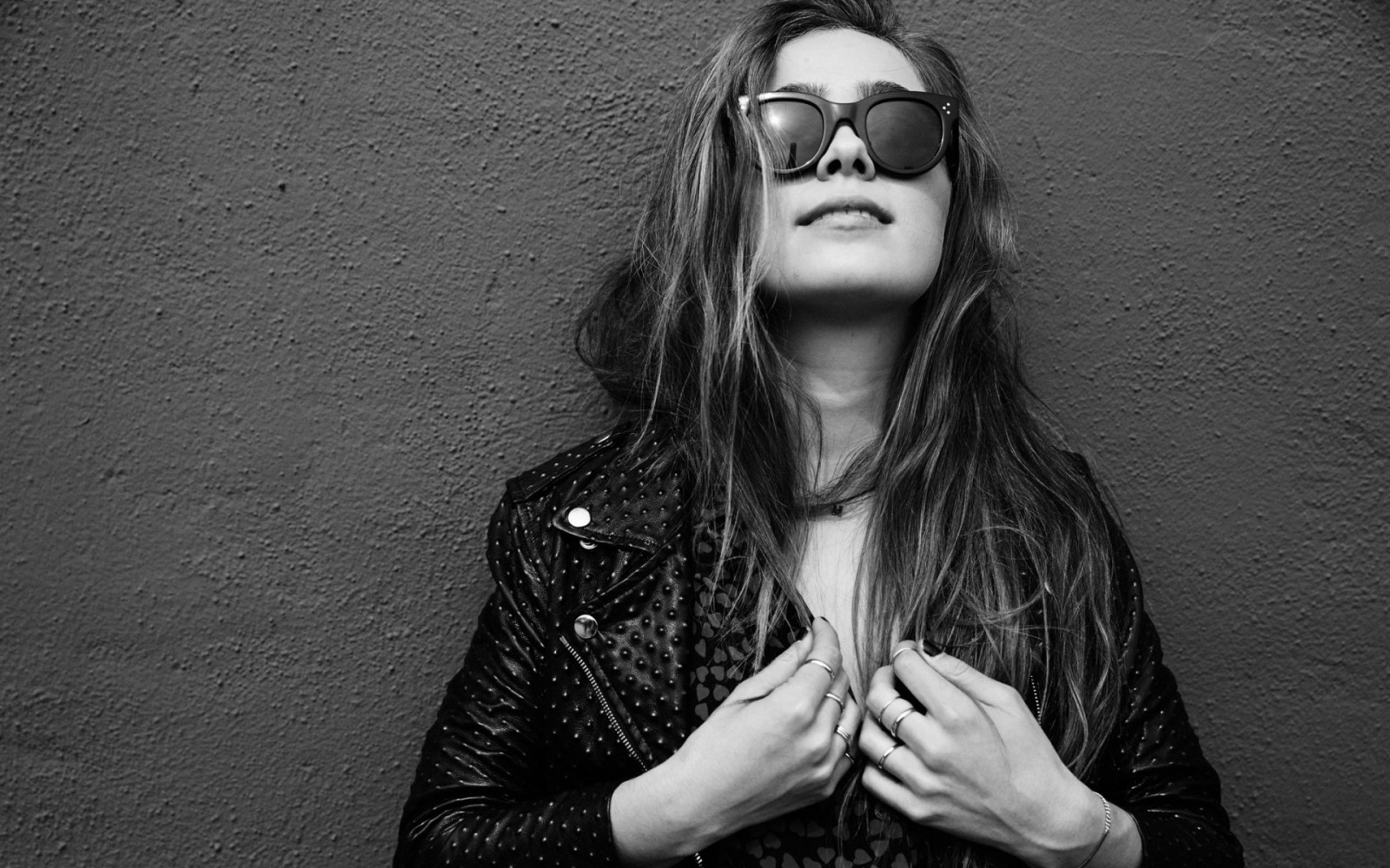 Wallpaper women, sunglasses, open mouth, leather jackets, monochrome