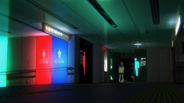 bathroom,anime,Jujutsu Kaisen,neon,lights,train station