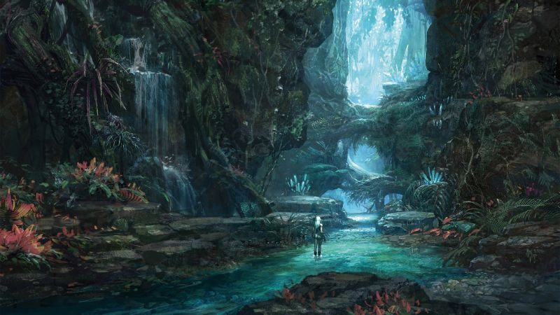 les, digitální umění, fantasy umění, jeskyně, džungle, proud les, digitální umění, fantasy umění, jeskyně, džungle, proud