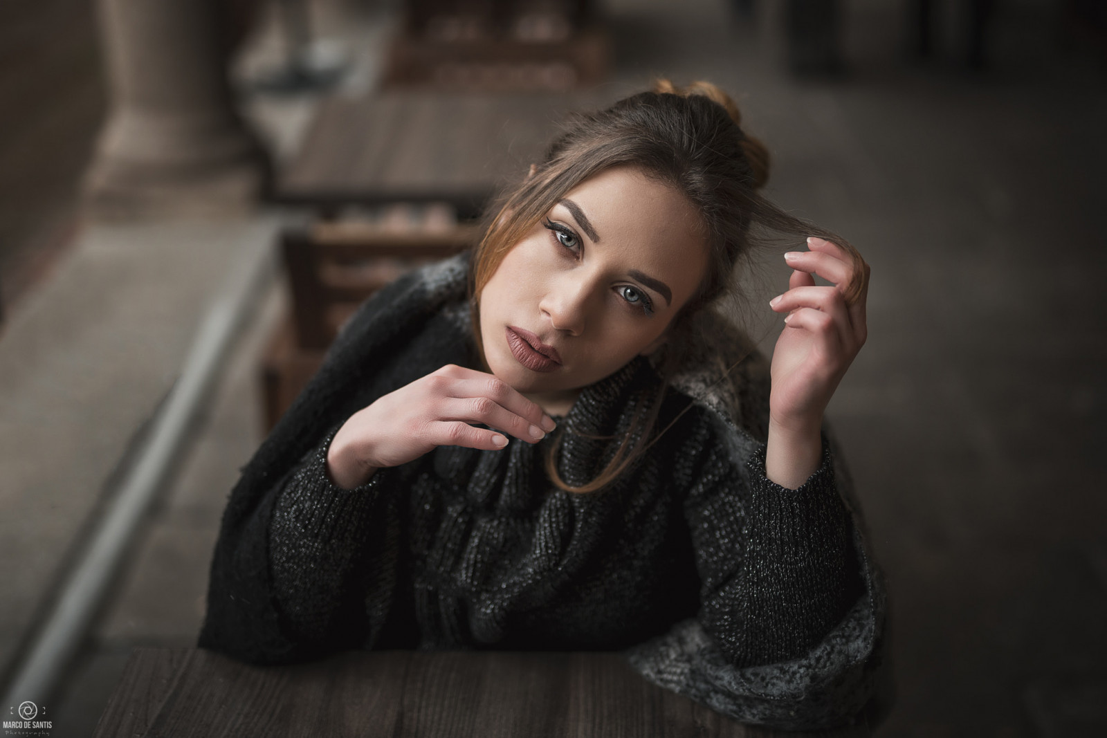women, face, portrait, sitting, chair, table, sweater