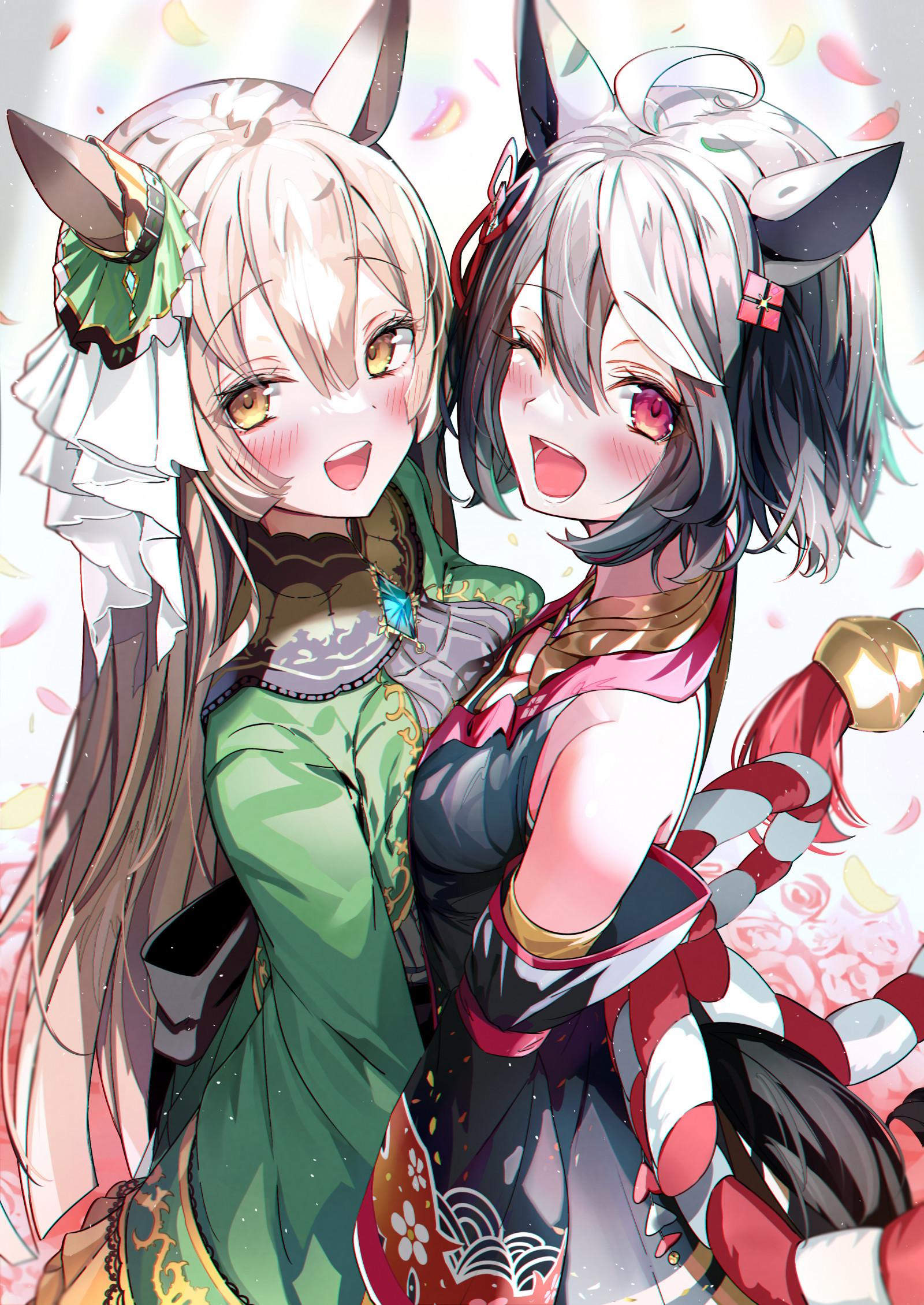 anime, anime girls, Uma Musume Pretty Derby, horse girls, animal ears, Kitasan Black Uma Musume, short hair, black hair, Satono Diamond Uma Musume, long hair, brunette, artwork, digital art, fan art