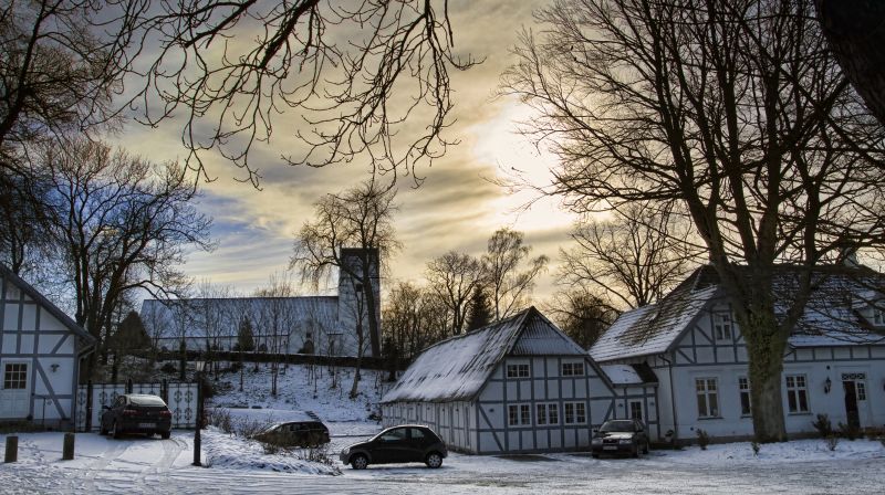 Dánsko,zima,sníh,kostel,svítání,dk