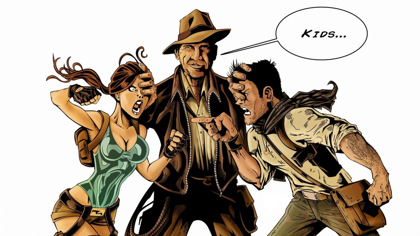 1920x1080 px, croft, andrik, humor, indiana, jones, lara, film, nathan, Raider, grav, hvid