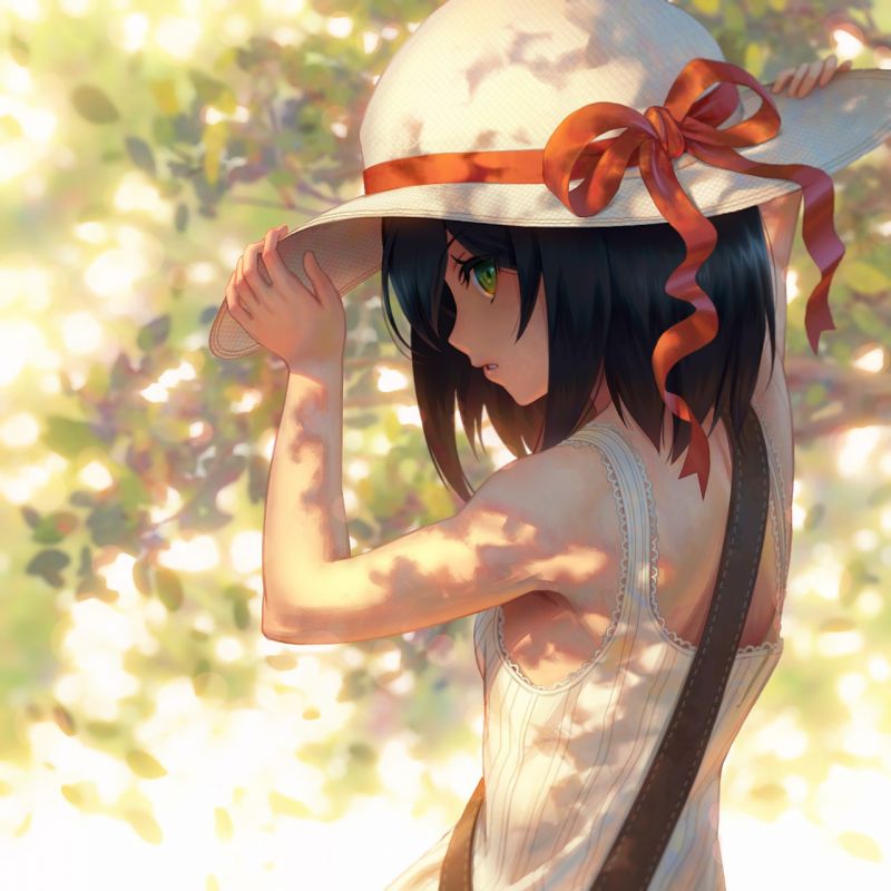 ilustrace, anime, anime dívky, krátké vlasy, zelené oči, čepice ilustrace, anime, anime dívky, krátké vlasy, zelené oči, čepice