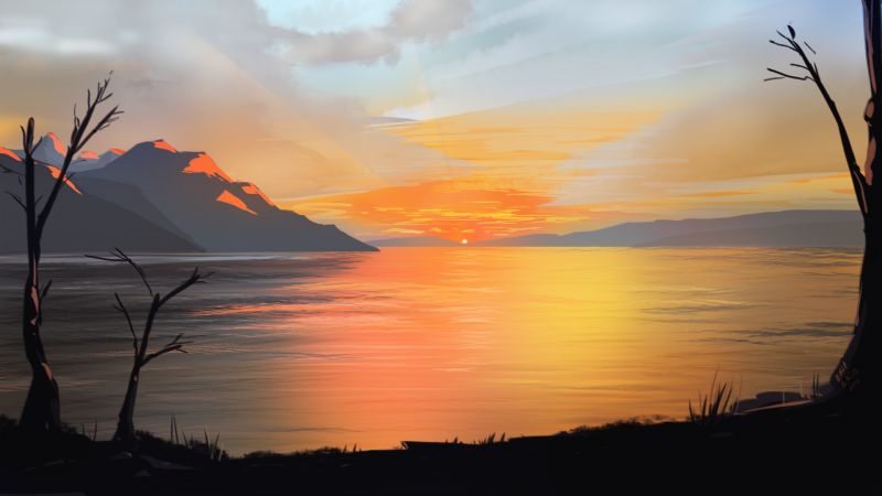 ilustrace, hory, západ slunce, moře, odraz, slunečnímu záření ilustrace, hory, západ slunce, moře, odraz, slunečnímu záření