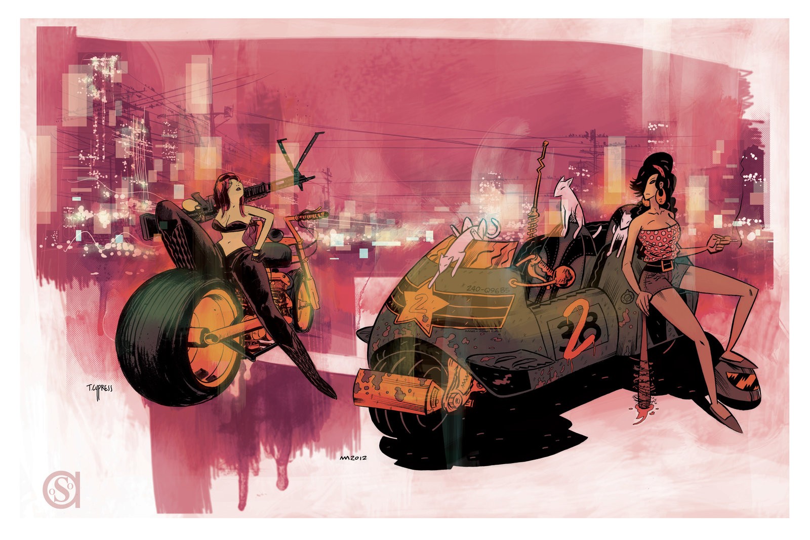 výkres, malování, ilustrace, ženy, vozidlo, zbraň, umělecká díla, plakát, Andrew MacLean, UMĚNÍ, skica, moderní umění, kryt alba