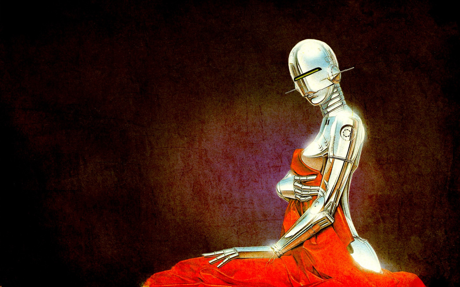 robot, Červené, socha, přikrývky, Aerosmith, gynoid, Hajime Sorayama, UMĚNÍ, tma, strunný nástroj